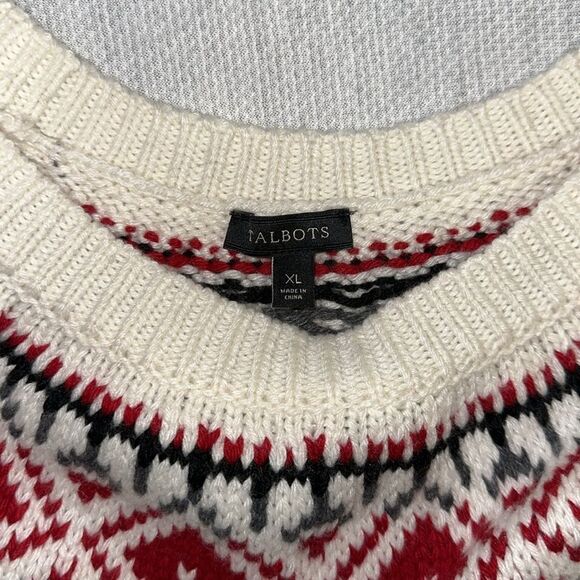 Talbots XL Ivory Red Nordic Fair Isle Wool Blend Knit Crewneck Sweater - Picture 11 of 15